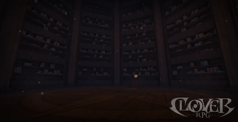 Clover RPG library scene with towering bookshelves